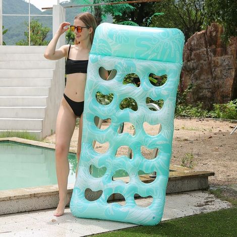 Lit flottant gonflable pour adultes – 180 x 90 cm, tapis de piscine gonflable avec pompe intégrée, anneaux flottants et coussin aquatique, idéal pour été, fêtes piscine et détente en extérieur (bleu) (1/3)