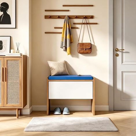 UEV Panca Ingresso Basso con Cassetto Stile Bauhaus, Tavolino Laterale per Soggiorno, Sgabello con Cuscino Morbido, Mobile Portaoggetti Bicolore, 40x38x38cm, Bianco e Blu (1/5)