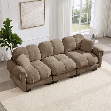 Divano modulare 260x86x90 cm, seduta imbottita, schienale curvo, tessuto chenille marrone (1/5)
