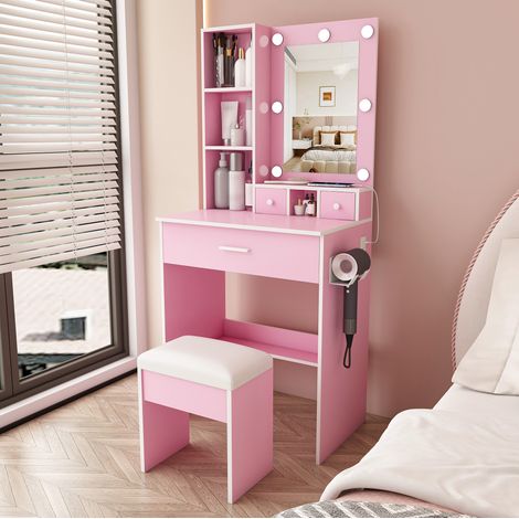 Tocador 60/38/131,5 cm rosa con espejo LED, enchufe y taburete