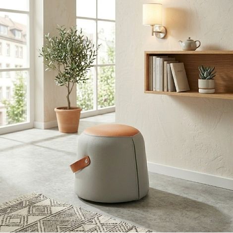 Pouf moderno in PU grigio con maniglia, seduta imbottita multifunzione OKWISH