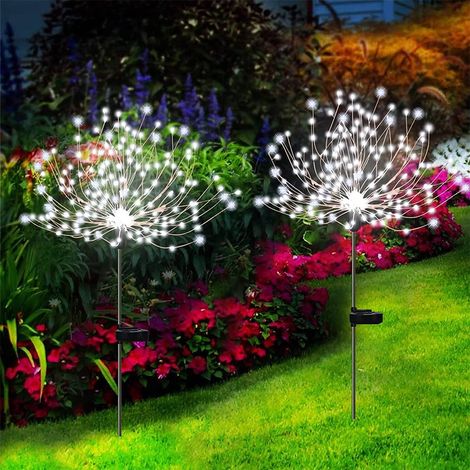 Lot de 2 guirlandes lumineuses solaires effet feu d'artifice, éclairage décoratif extérieur pour jardin, 180 LED, éclairage paysager DIY pour allée, jardin, fêtes, décorations du 4 juillet (blanc froi (1/5)