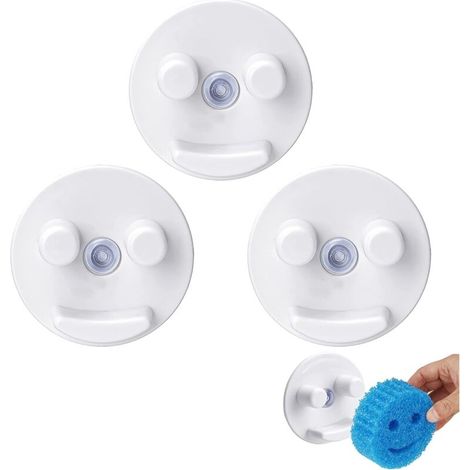 Set di 3 ganci porta spugna a forma di faccina sorridente con ventose, porta spugna da cucina autoadesivo, porta spugna per lavello, gancio per spugna da piatti