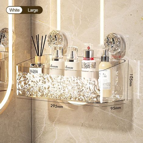 (Blanc 4-M) Étagère de rangement pour salle de bain, panier de rangement mural à ventouses, motif vague d'eau, non perforé, pour produits de rangement à domicile (1/5)