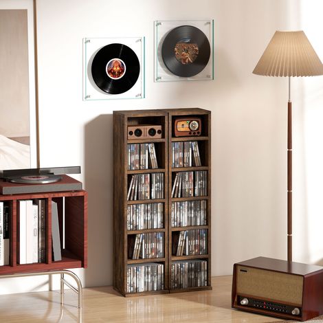 Set di 2 scaffali a colonna, mobiletto porta CD, 12 scomparti, 21 x 22,5 x 88,5 cm, capacità 204 CD, marrone rustico.
