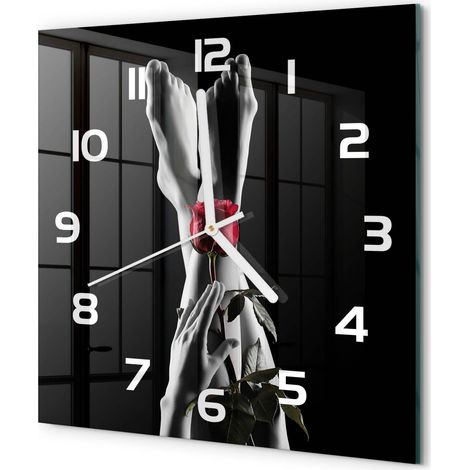 Horloge Murale Carrée Déco Salon Verre Trempé Silencieuse Design Contemporain Rose et pieds 30x30 cm (1/5)