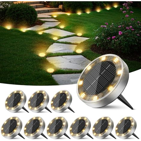 Lampe Solaire Au Sol Jardin Lot de 10, Lumiere Solaire Exterieur 8 LED, Étanche Spot Solaire Extérieur, Eclairage Solar pour Terrasse Allée Chemins Pelouse Cour Outdoor Garden, Blanc Chaud (1/5)