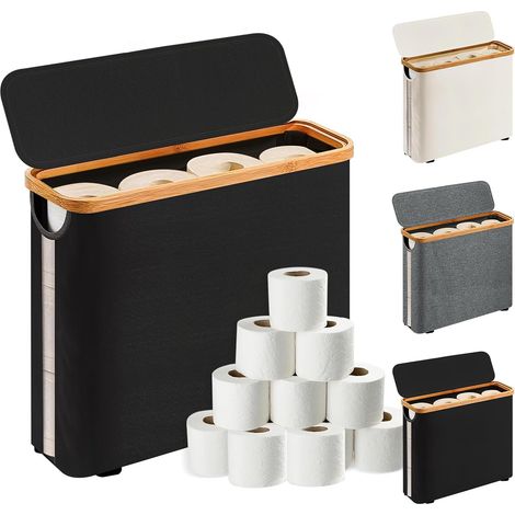 Schwarze Aufbewahrungsbox mit Deckel für Toilettenpapierrollen, stilvolle Aufbewahrungsbox für Ersatzrollen, Fassungsvermögen 12 Rollen, praktischer Organizer fürs Badezimmer. (1/5)