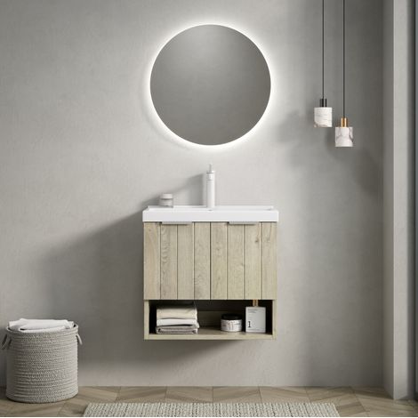 Meuble vasque suspendu moderne 55 cm avec vasque intégrée en céramique blanche, 2 portes et niche ouverte, finition chêne clair (1/5)