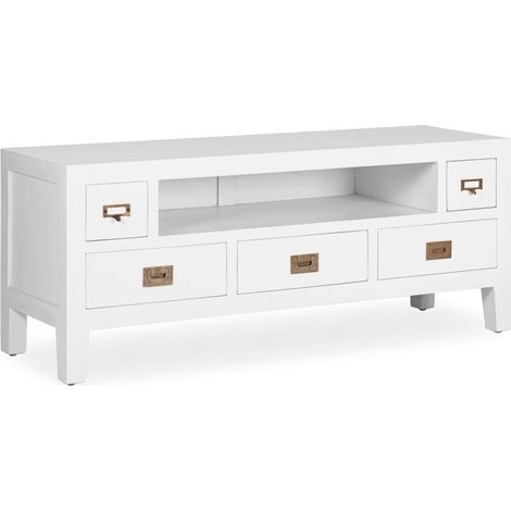 Meuble TV bois massif de mindi blanc Kourame 125cm (1/5)