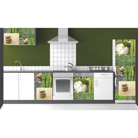 Sticker mural décoratif Nature Zen pour réfrigérateur - Rivière, Galets, Bambou, Fleurs Blanches - 59,5 cm x 180 cm (1/2)