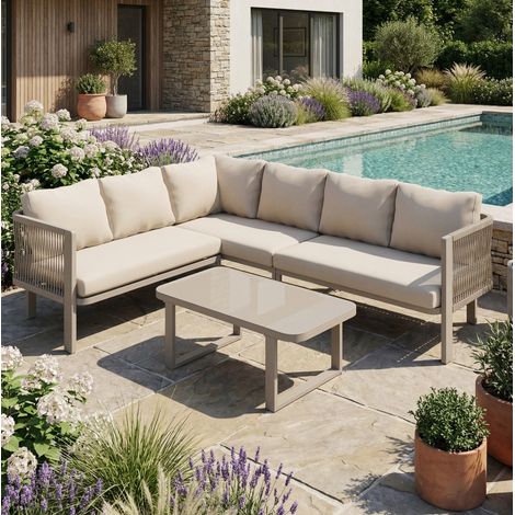 Salon de jardin d'angle 6 places kaki en acier galvanisé et polyester avec table en verre (1/5)