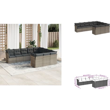 The Living Store 10-tlg. Garten-Sofagarnitur mit Kissen Grau Poly Rattan - Gartensessel (1/3)