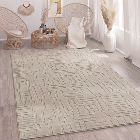 Paco Home Teppich Wohnzimmer Hochflor Skandi Boho Geometrisch Abstrakt Uni Waschbar Beige 160x220 cm (1/5)