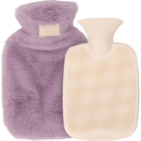 Bouillotte PVC 1000ml violette avec housse en peluche douce, anti-fuite, réchauffeur de lit d'hiver, couverture thermique étanche. (1/5)