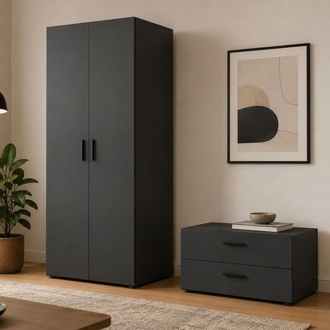 Guardaroba 2 Ante Buriasco, Armadio Camera da Letto un Ripiano, 2 Cassetti, Appendiabiti, 74x214h cm Nero Antracite (1/5)
