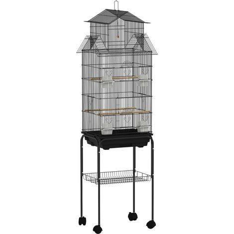 Cage à oiseaux sur pied avec roulettes, volière design maison en acier noir, balançoire et support inclus, 50,5 x 41 x 163 cm (1/5)