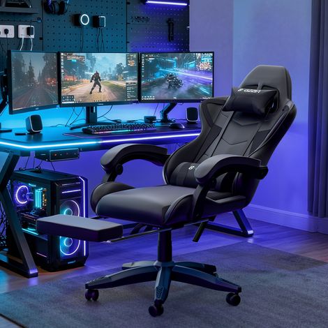 Ergonomic PU Leather Racing Gaming Chair with Footrest 155° Reclining Backrest Swivel Office Chair Black
