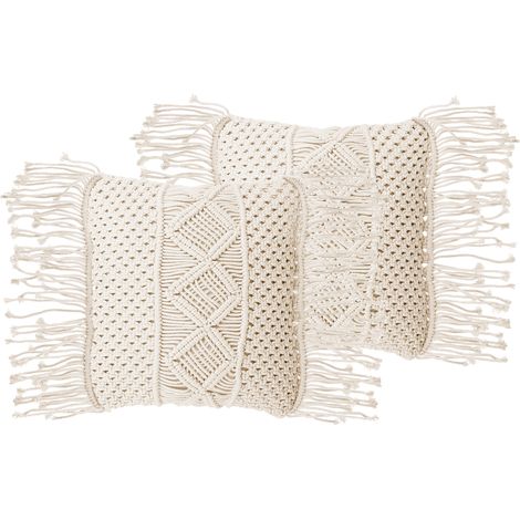 Conjunto de cojines decorativos de algodón macramé beige 40 x 45 cm con borlas cuerda decoración boho retro Yortan