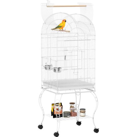 Gabbia uccelli con ruote e ripiano 51x51x153 cm, tetto pieghevole, mangiatoie, vassoio rimovibile, bianca