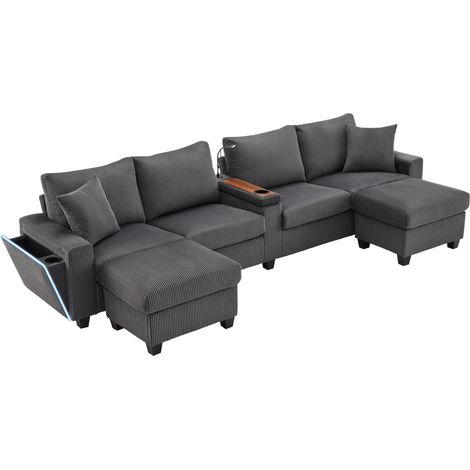 Sofá esquinero en U de pana gris con 2 otomanas, LED, USB y Type-C, 334 x 128,5 x 81 cm (1/5)