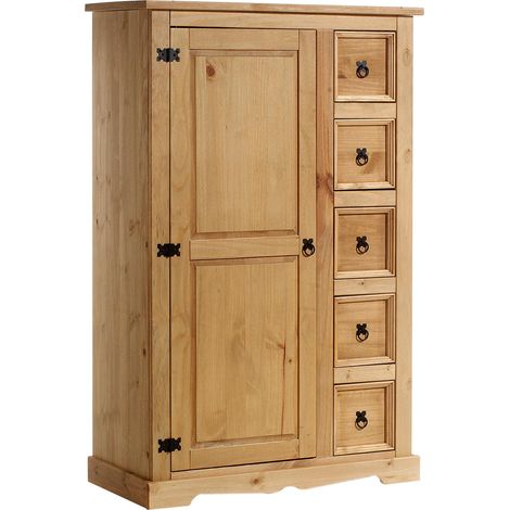 Idimex – Buffet en pin massif Tequila – 1 porte, 5 tiroirs – Dimensions 150 x 95 x 45 cm – Style rustique naturel