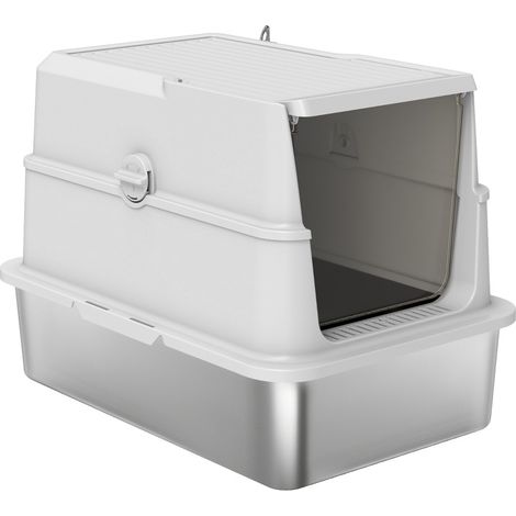 Litière pour chat en acier inoxydable avec couvercle, grand espace XL, gris clair (1/5)