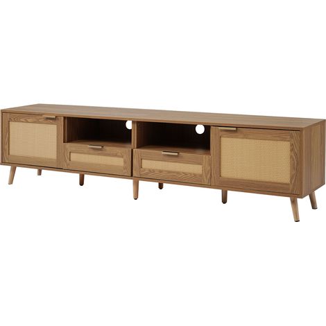 Meuble TV design rotin synthétique avec pieds en bois massif, 200x37x49 cm, couleur chêne (1/5)