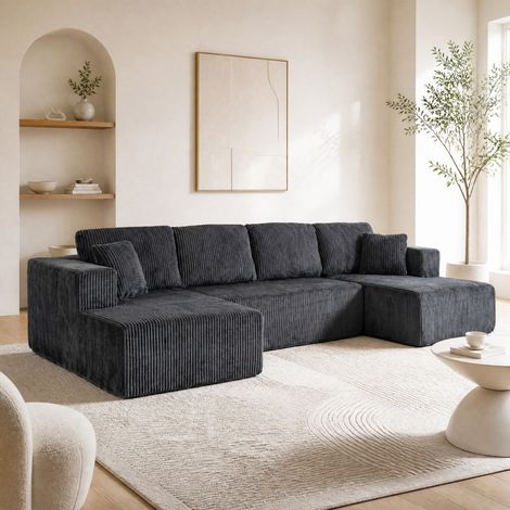 Modulares U-Sofa aus grauem Cord 332 x 156 x 88 cm mit 6 Kissen OKWISH (1/5)