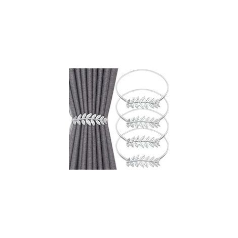 Lot de 4 Embrasse pour Rideaux, Attache Rideau Strass en Forme de Feuille Argentée, Embrasse Rideau avec Corde à Ressort Réglable, Attache Rideaux