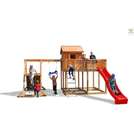 Fungoo Spielturm "My Space XL Spider+", teak, mit Rutsche, Haus mit Holzdach, Leiter, Kletterturm und Trapez
