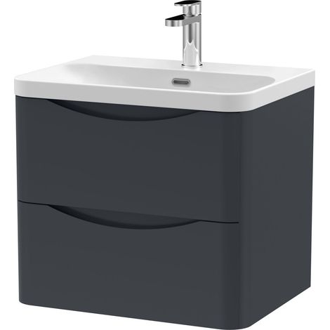 Balterley Dunwood Modern Wall Hung 2-Drawer Bathroom Vanity with Thin Edge Ceramic Basin, Dark Grey, 600mm