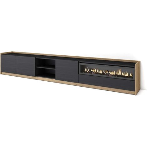 Mueble TV Humilladero-02 de 310x50x37 cm con chimenea eléctrica, color negro y roble (1/4)
