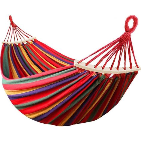 Filiyano-Hamac double d'extérieur en coton, 280 x 150 cm, supportant jusqu'à 300 kg, avec piquets en bois, pour jardin ou camping. (1/5)