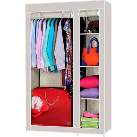 Armoire d'appoint en toile tissu avec barre de penderie beige 2 portes 4 étagères enroulables 175x110 cm (1/2)