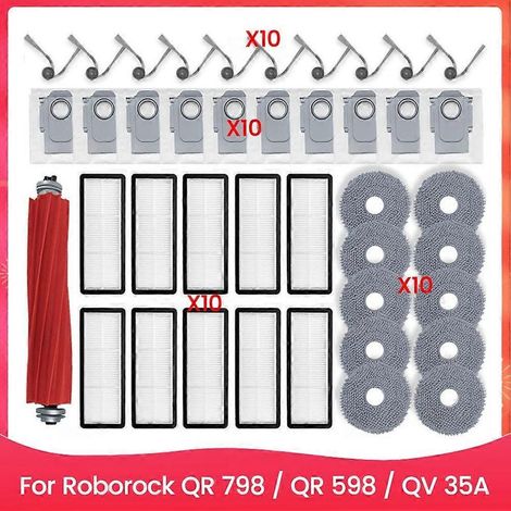 Pour aspirateur robot Roborock QR 798 / QR 598 / QV 35A : rouleau principal, brosse latérale, filtre HEPA, lingette de nettoyage et sacs à poussière (1/5)