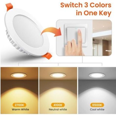 Spot LED Encastrable 7W 600LM, IP44 éclairage Encastré Spot de Plafond 110-220V pour Salle de Bain Salon Cuisine [2700-4100-6500K] [27mm Profondeur de l'évidement] [Ø75-95mm Trou ] [Pack de 6]-Baiser