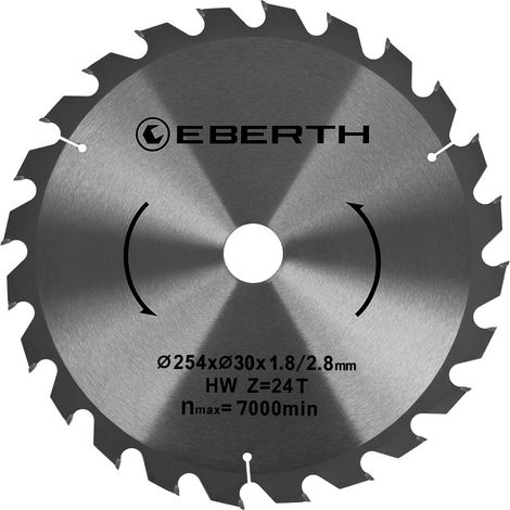 EBERTH Kreissägeblatt Sägeblatt Kreissäge Blatt aus Stahl mit Hartmetall-Zähnen für Holz-Schnitte (254mm Durchmesser, 30mm Bohrung, 1.8mm Blättstärke, 2.8mm Schnittbreite, 24 Zähne, RPM Max. 7000)