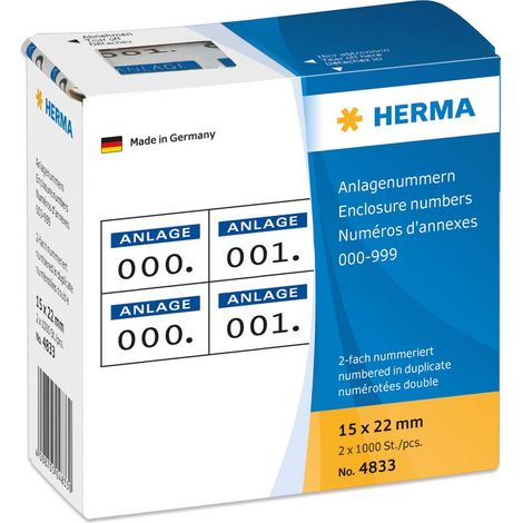 HERMA 4833 Etichette numeriche con numeri da 0 a 999, doppie (22 x 15 mm, carta opaca), autoadesive, permanenti, numeri di impianto in dispenser di cartone, 2.000 etichette, blu