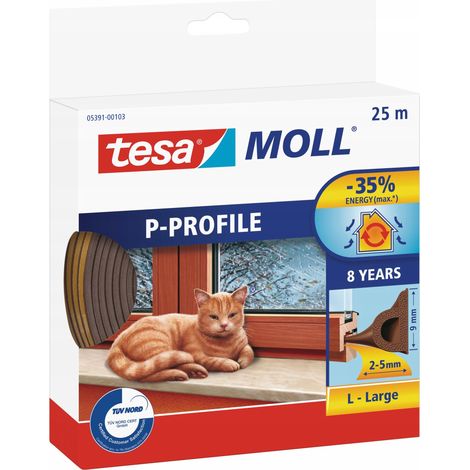Tesamoll - Sello de perfil P autoadhesivo de goma para puertas y ventanas (25 m x 9 mm), color marrón
