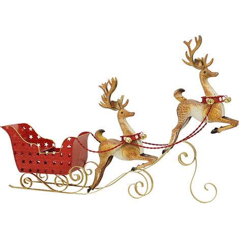Renne con Slitta Rossa di Babbo Natale in Metallo e Cervi Dorati 86x14x57cm, Scultura Natalizia  con Campanellini e Stelle Traforate, Grande Soprammobile Decorativo Camino Salotto Tavolo (1/5)