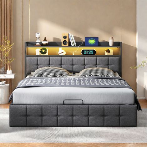 Cama tapizada 160x200cm, Cama doble para adultos, Cama con canapé hidráulico, Cabecero con LED y puerto de carga, Cama funcional, Gris lino (1/5)