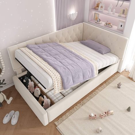Lit banquette coffre 90x190 cm beige en velours, dossier réversible gauche/droite, rangement hydraulique, sommier à lattes inclus, sans matelas (1/5)