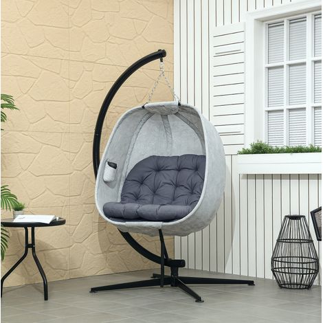 Fauteuil suspendu d'extérieur en acier gris, forme œuf pliable avec coussin épais 13 cm, porte-gobelet et support stable (1/5)