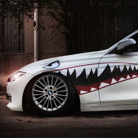 Une paire d'autocollants de bouche de requin personnalité de la voiture autocollants de voiture créatifs tirer fleur grand requin blanc autocollants de couleur de corps (1/5)