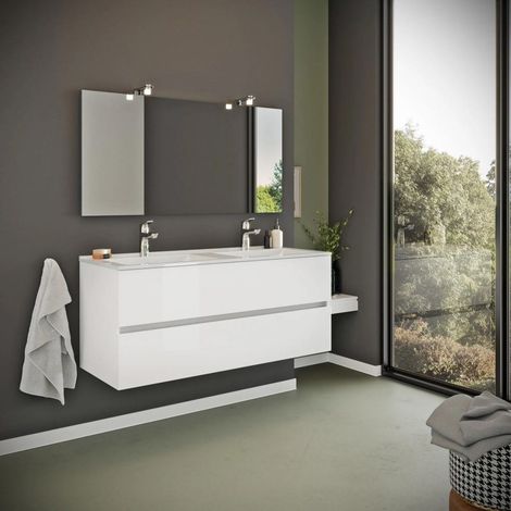 Mobile Bagno Bianco Lucido 120Cm, Cassetti E Doppio Lavabo Benaco
