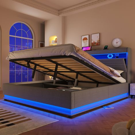 Lit rembourré 180x200 cm gris sans matelas. Recharge USB-C,éclairage LED,rangement hydraulique avec compartiment rabattable. (1/5)