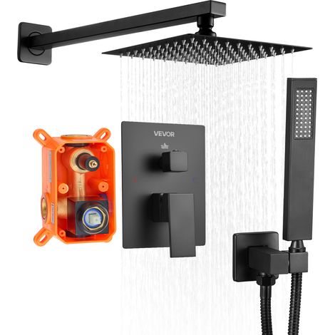 VEVOR Set Doccia, Flessibile Sistema Doccia a Pioggia per Bagno con Soffione Quadrato da 20,3 cm e Doccetta, Accessori per Vasca da Parete con Valvola in Ottone e Kit di Finitura, Nero Opaco (1/5)