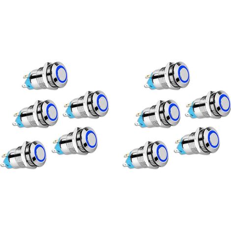 Lot de 10 interrupteurs à bouton-poussoir à verrouillage de 12 mm, capuchon rond haut, interrupteurs métalliques étanches avec voyant bleu 12 V/24 V (1/5)