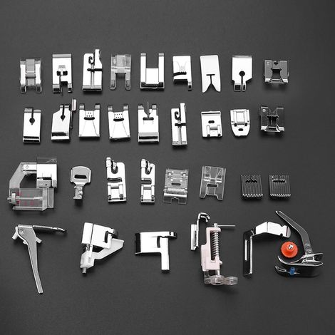 Set mit 32 Nähfüßen für Multifunktionsnähmaschinen, inklusive Reißverschlussfuß, Rollfuß und Kordelfuß, silberfarbenes Metall, 326 g, kompatibel mit Brother und Singer (1/5)